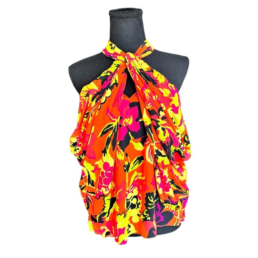 Ungaro Paris Halter Top Bright Floral Neon Resort Euro Summer Flowy Statement